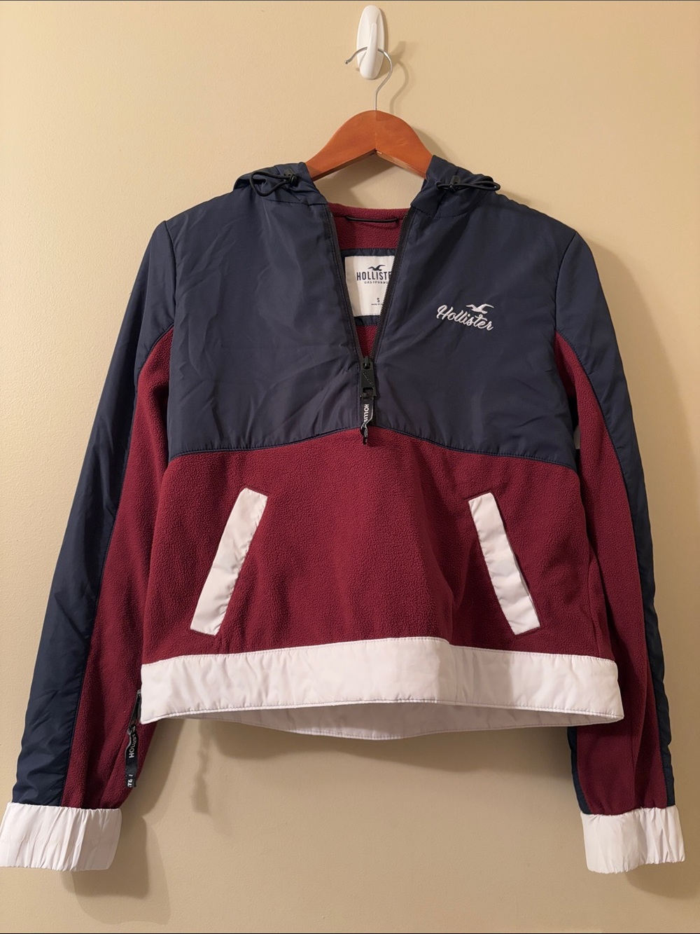 Hollister Navy & Burgundy Half-Zip Hoodie Pullover Jacket Size Small